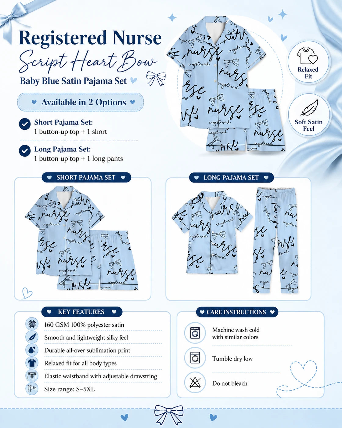 Registered Nurse Script Heart Bow Baby Blue Satin Pajama Set