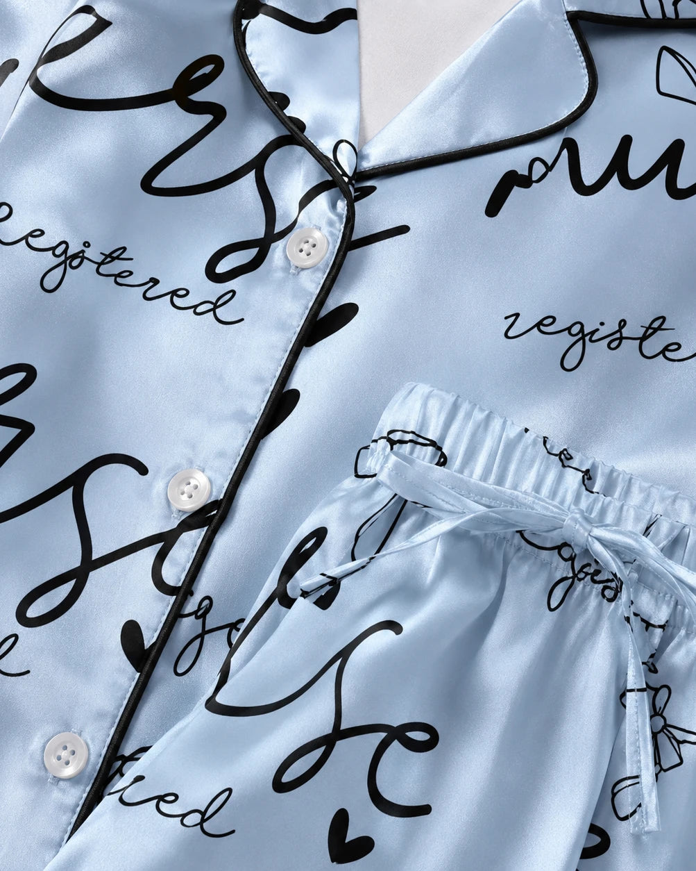 Registered Nurse Script Heart Bow Baby Blue Satin Pajama Set