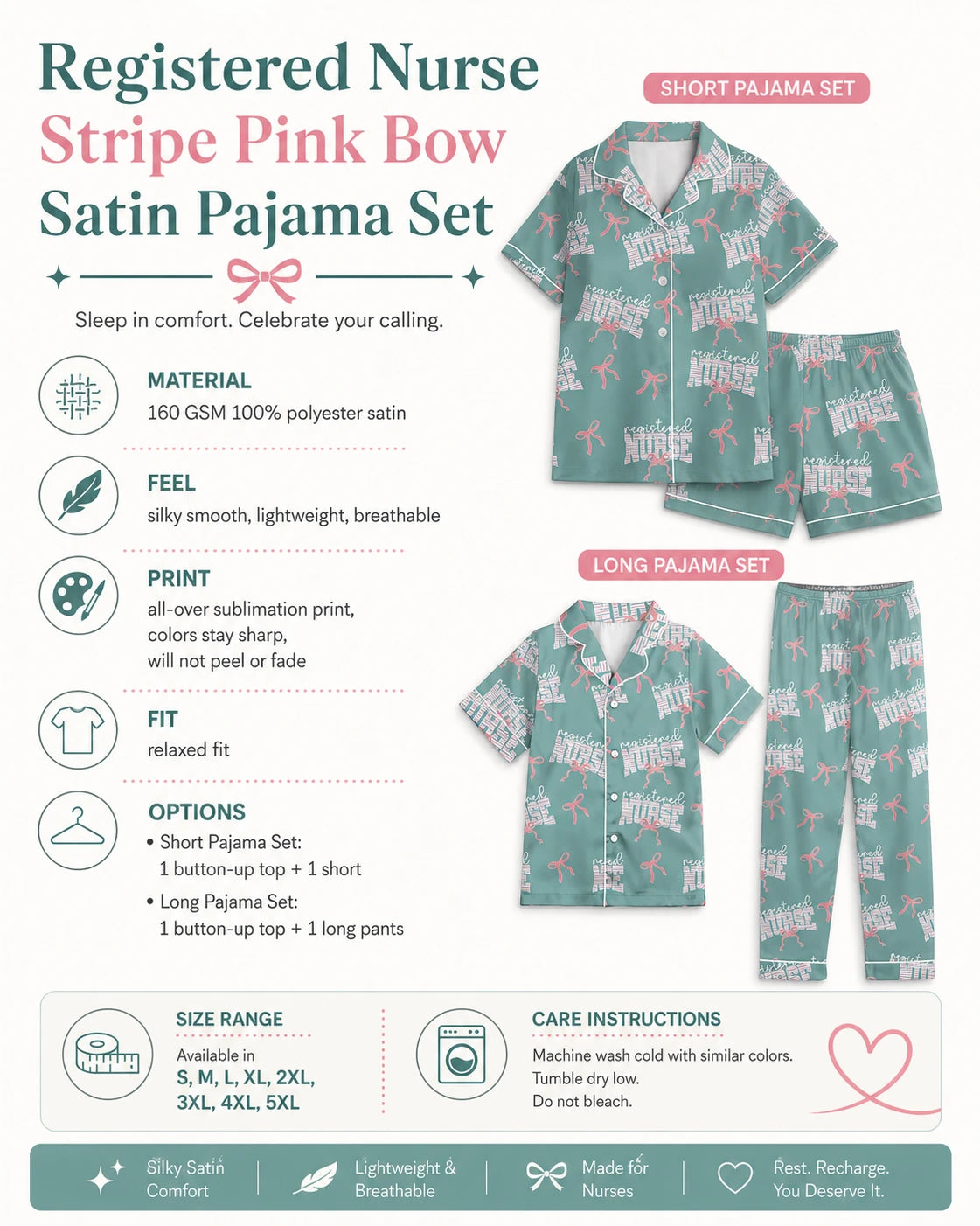 Registered Nurse Stripe Pink Bow Satin Pajama Set