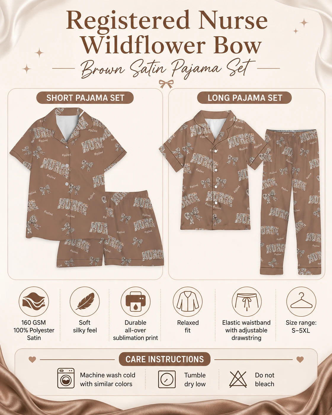Registered Nurse Wildflower Bow Brown Satin Pajama Set
