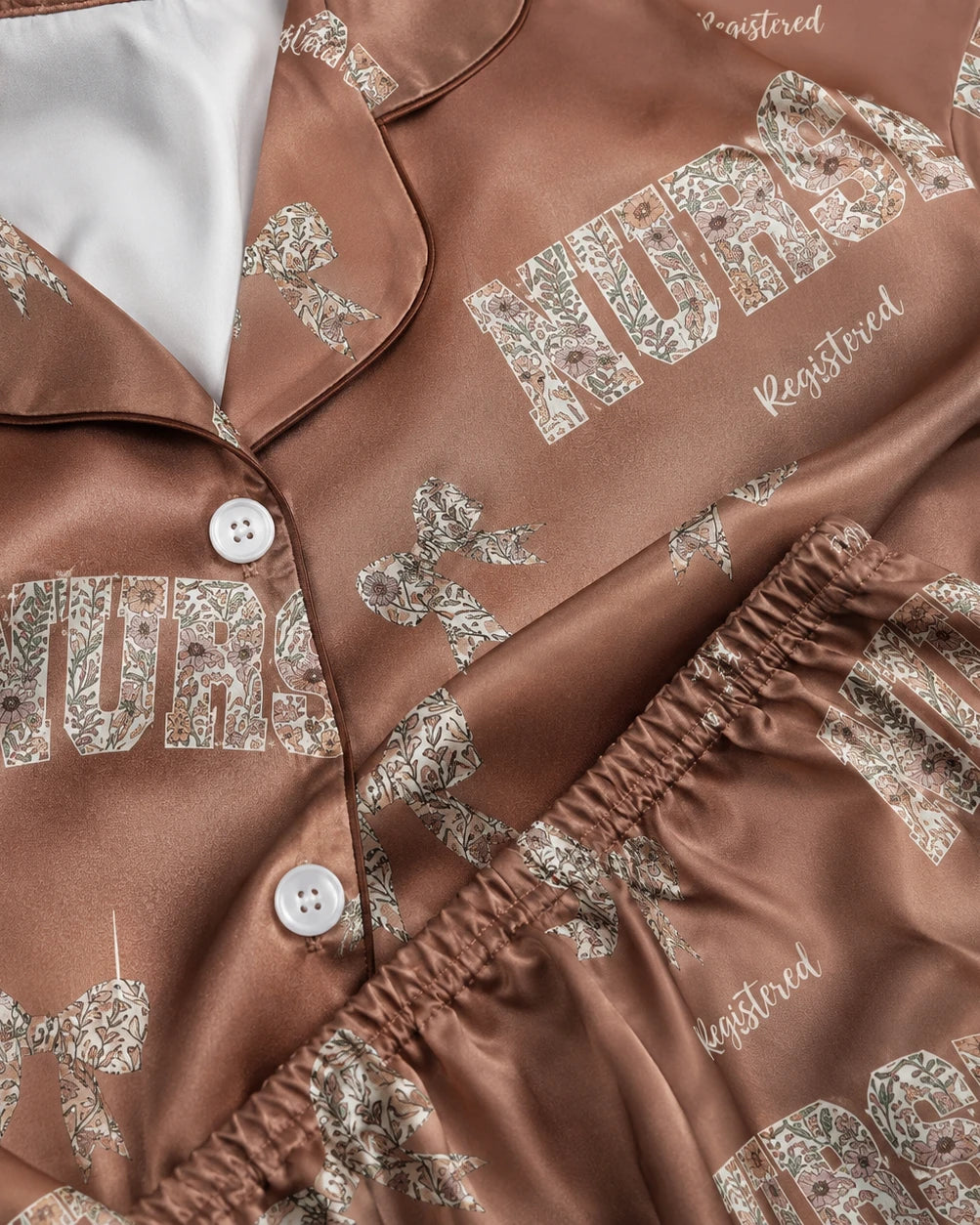 Registered Nurse Wildflower Bow Brown Satin Pajama Set