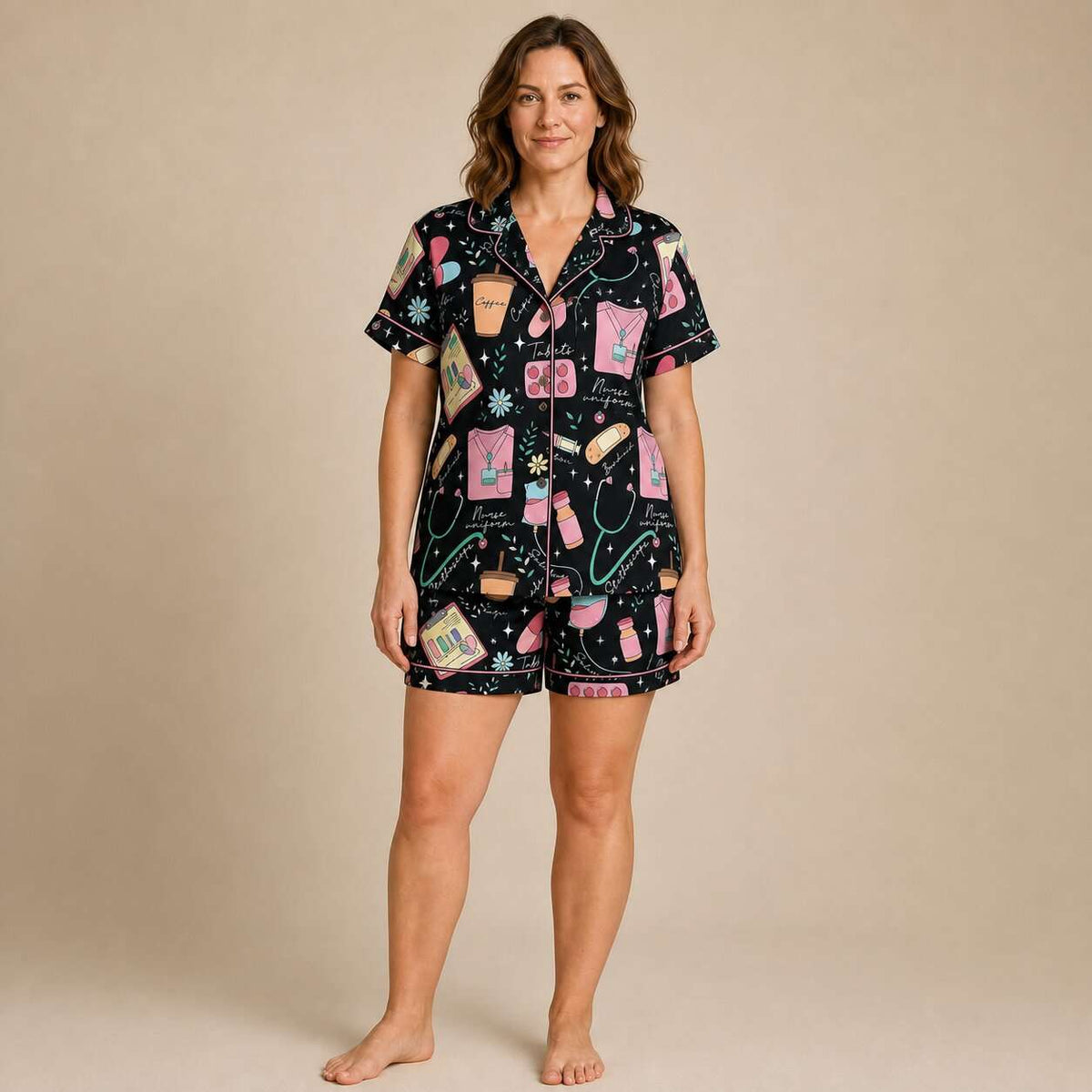 Nursehype Cute Nurse Life Pattern Satin Pajama Set