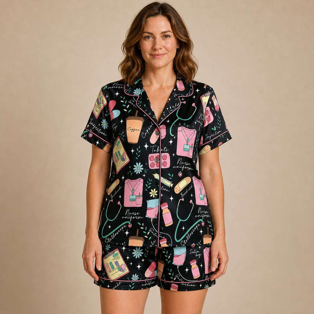 Nursehype Cute Nurse Life Pattern Satin Pajama Set
