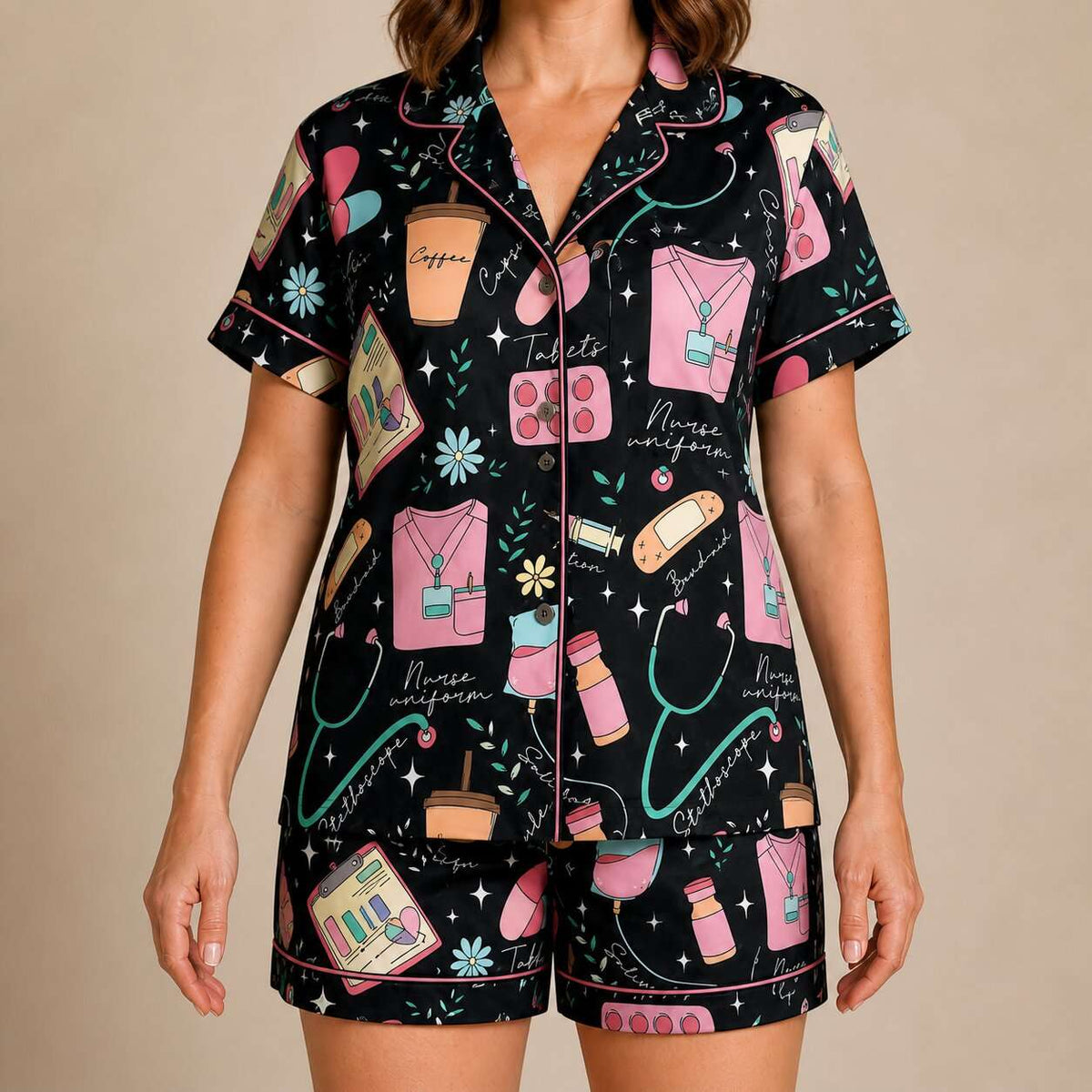 Nursehype Cute Nurse Life Pattern Satin Pajama Set