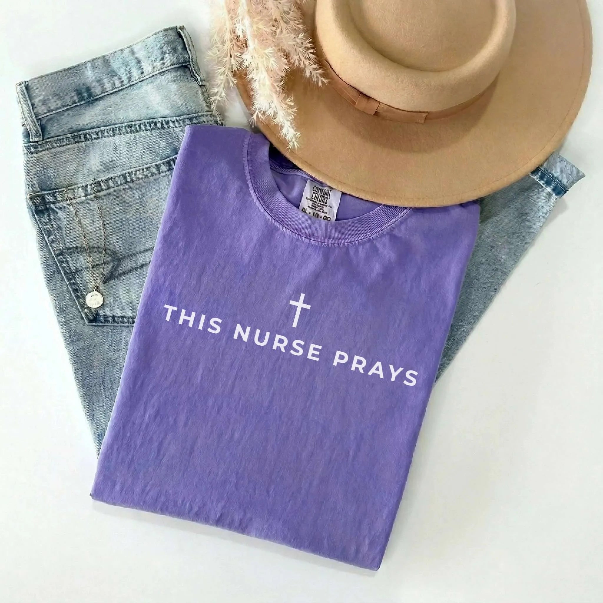 This Nurse Prays Faith Cross Comfort Colors Tee