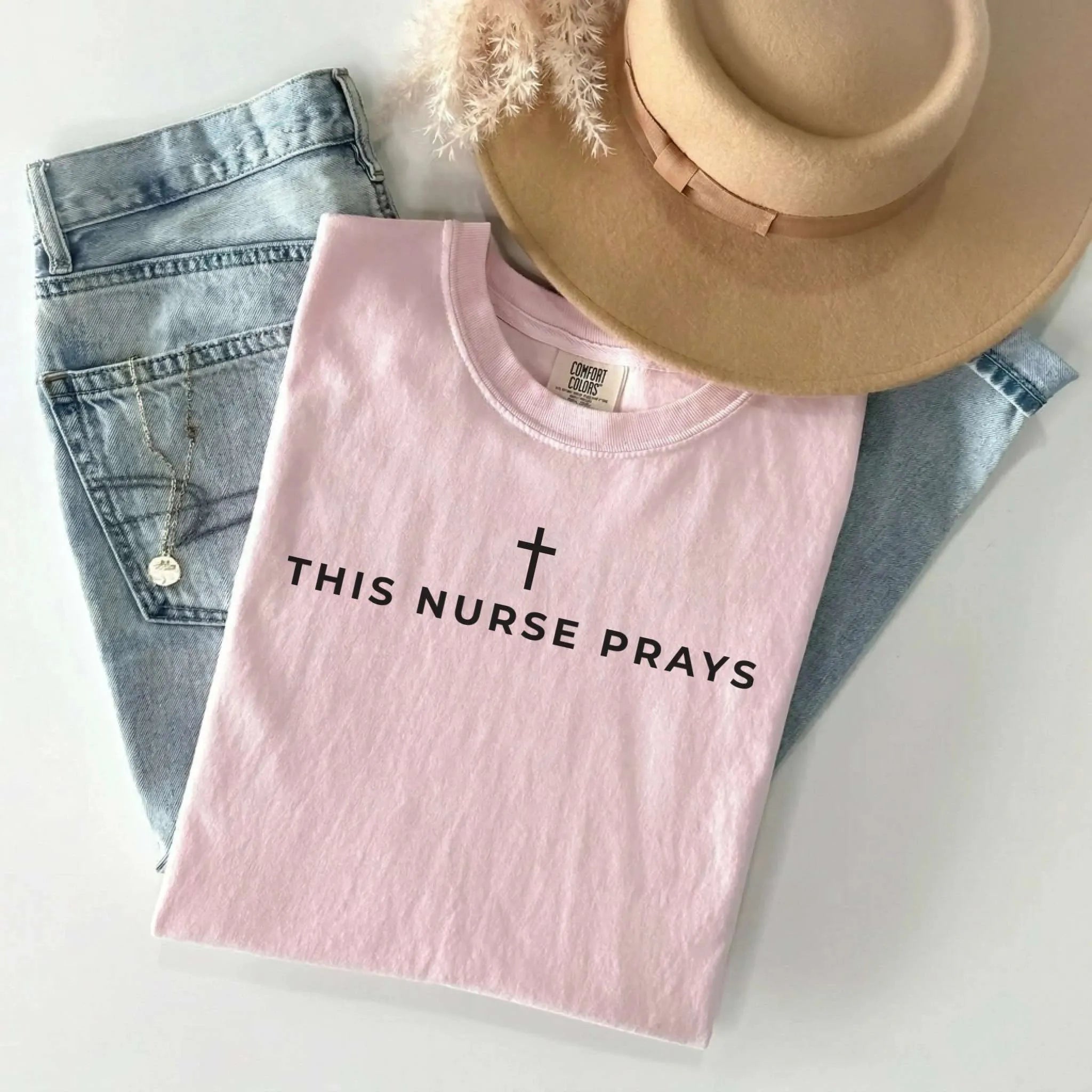 This Nurse Prays Faith Cross Comfort Colors Tee