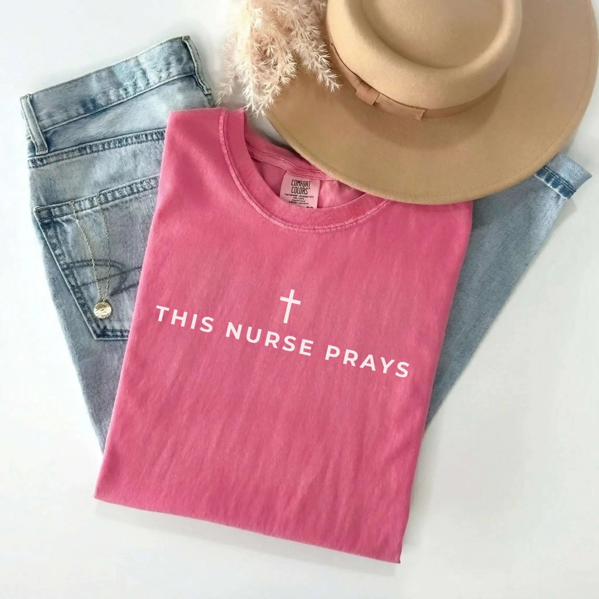 This Nurse Prays Faith Cross Comfort Colors Tee