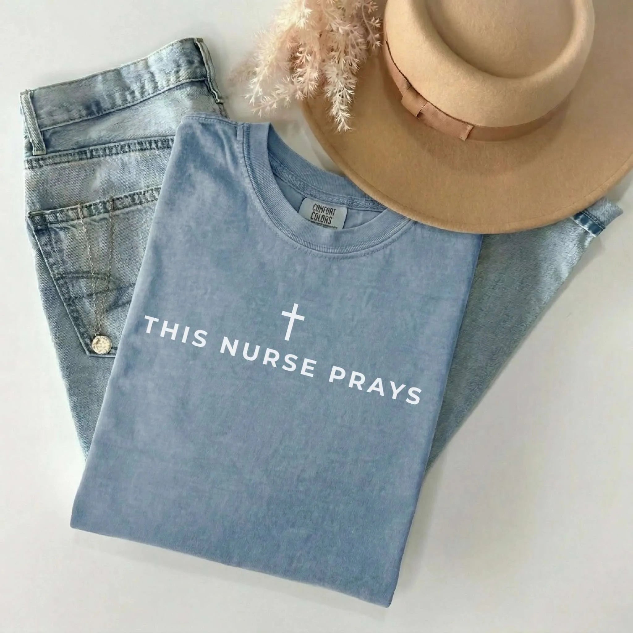 This Nurse Prays Faith Cross Comfort Colors Tee