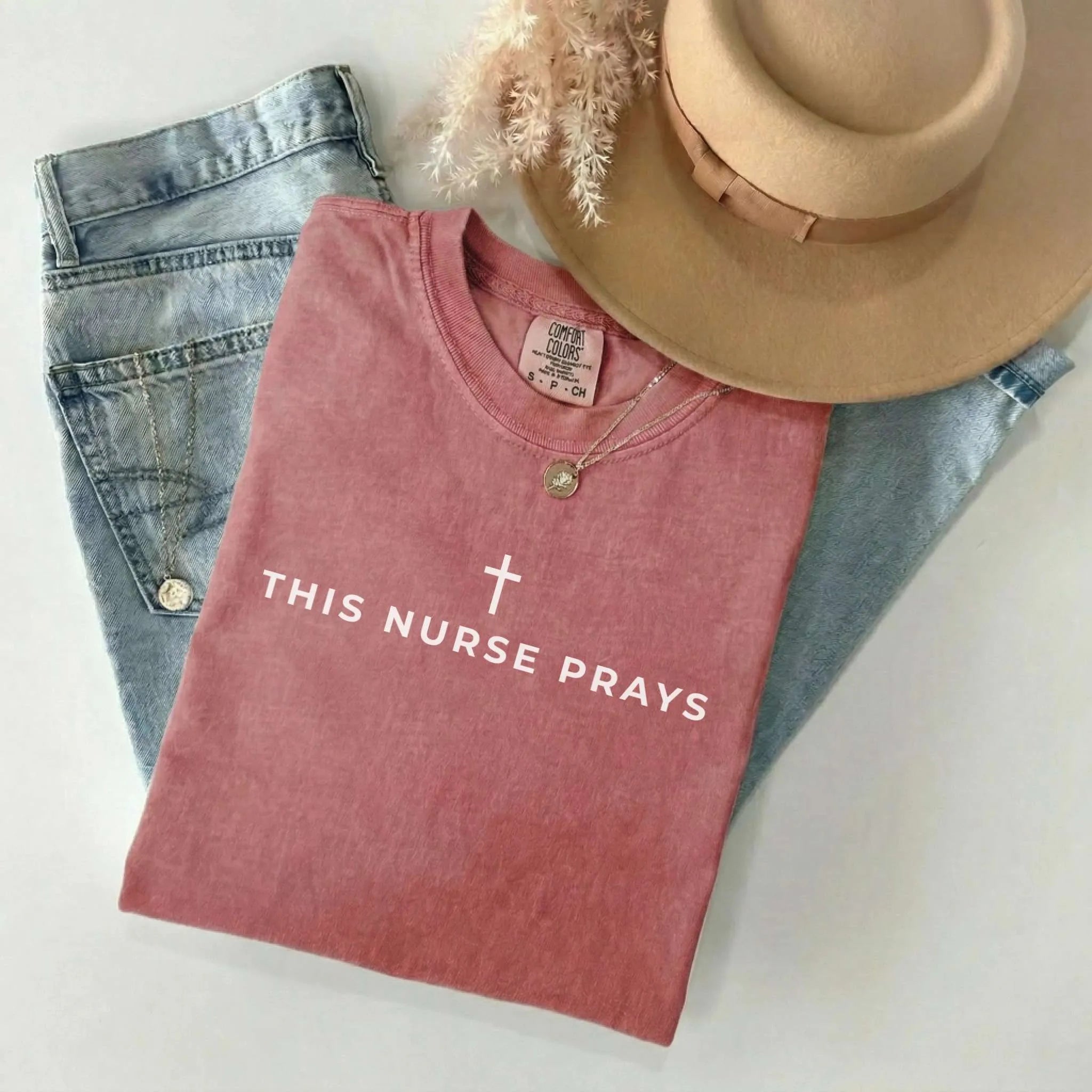 This Nurse Prays Faith Cross Comfort Colors Tee