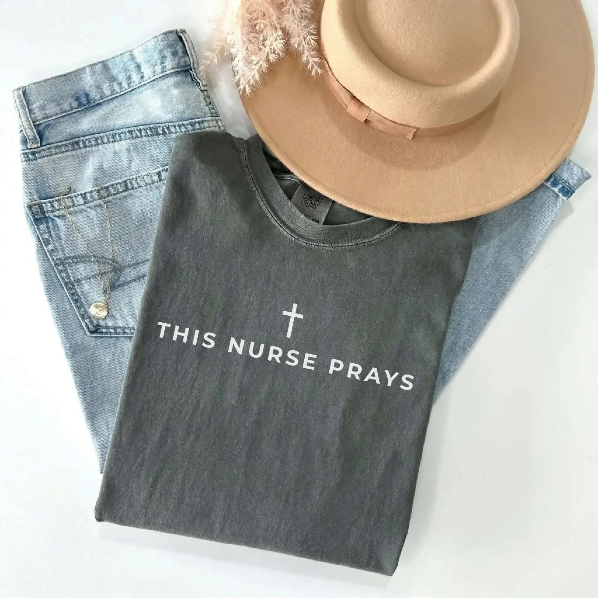This Nurse Prays Faith Cross Comfort Colors Tee