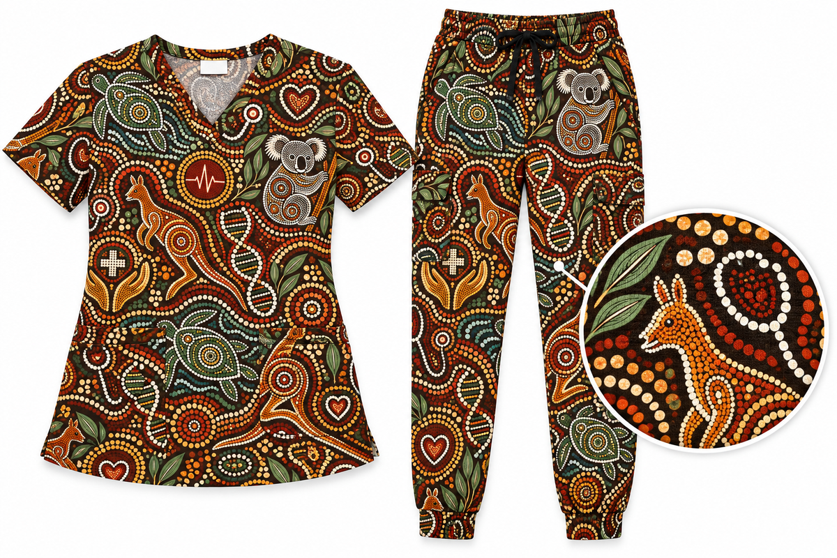 Aboriginal Indigenous Dot Art Healthcare Healing Scrub Set, Scrub Pants and V Neck Top - Main Set