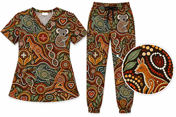 Aboriginal Indigenous Dot Art Healthcare Healing Scrub Set, Scrub Pants and V Neck Top - Main Set