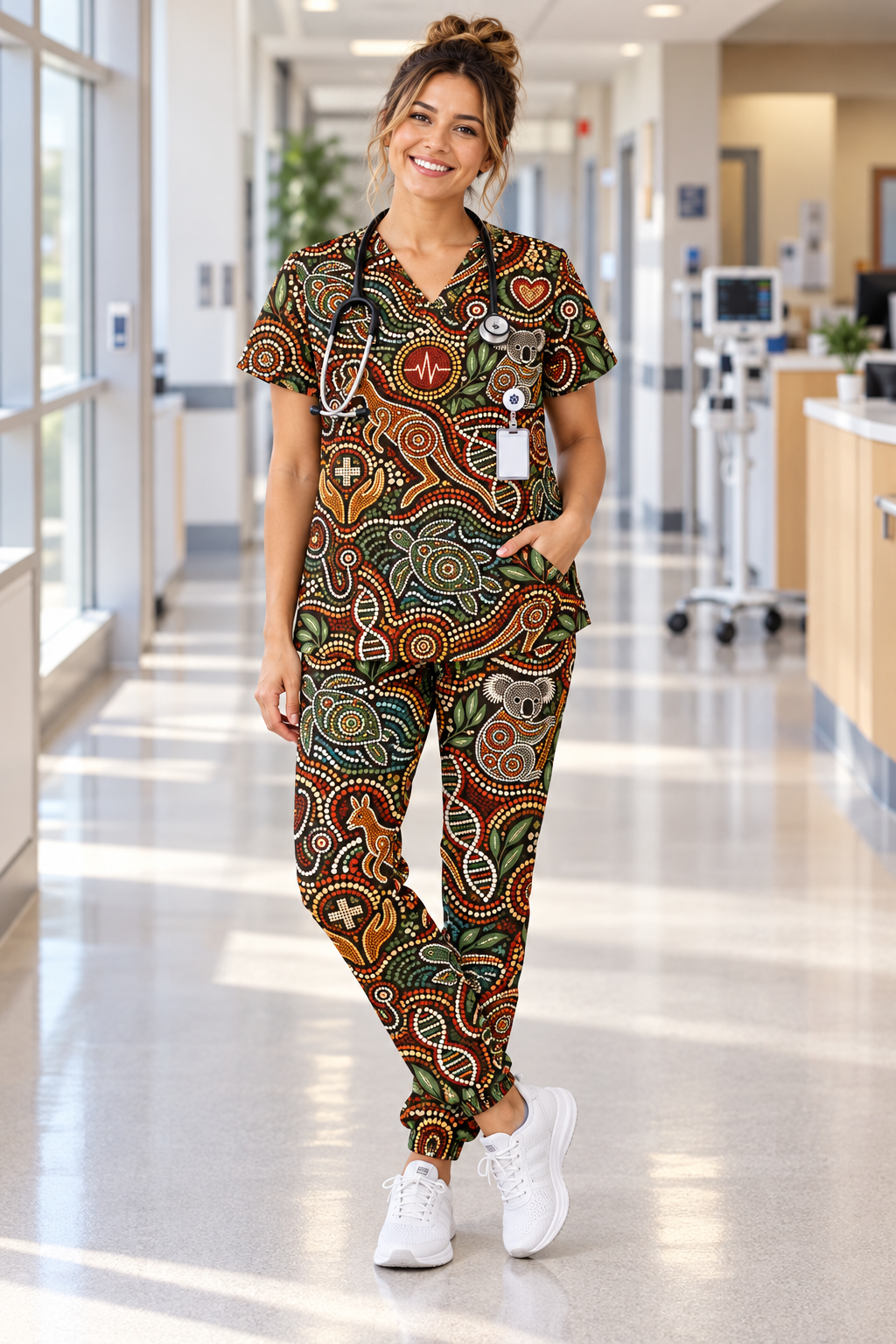 Aboriginal Indigenous Dot Art Healthcare Healing Scrub Set, Scrub Pants and V Neck Top - On Model Lookbook