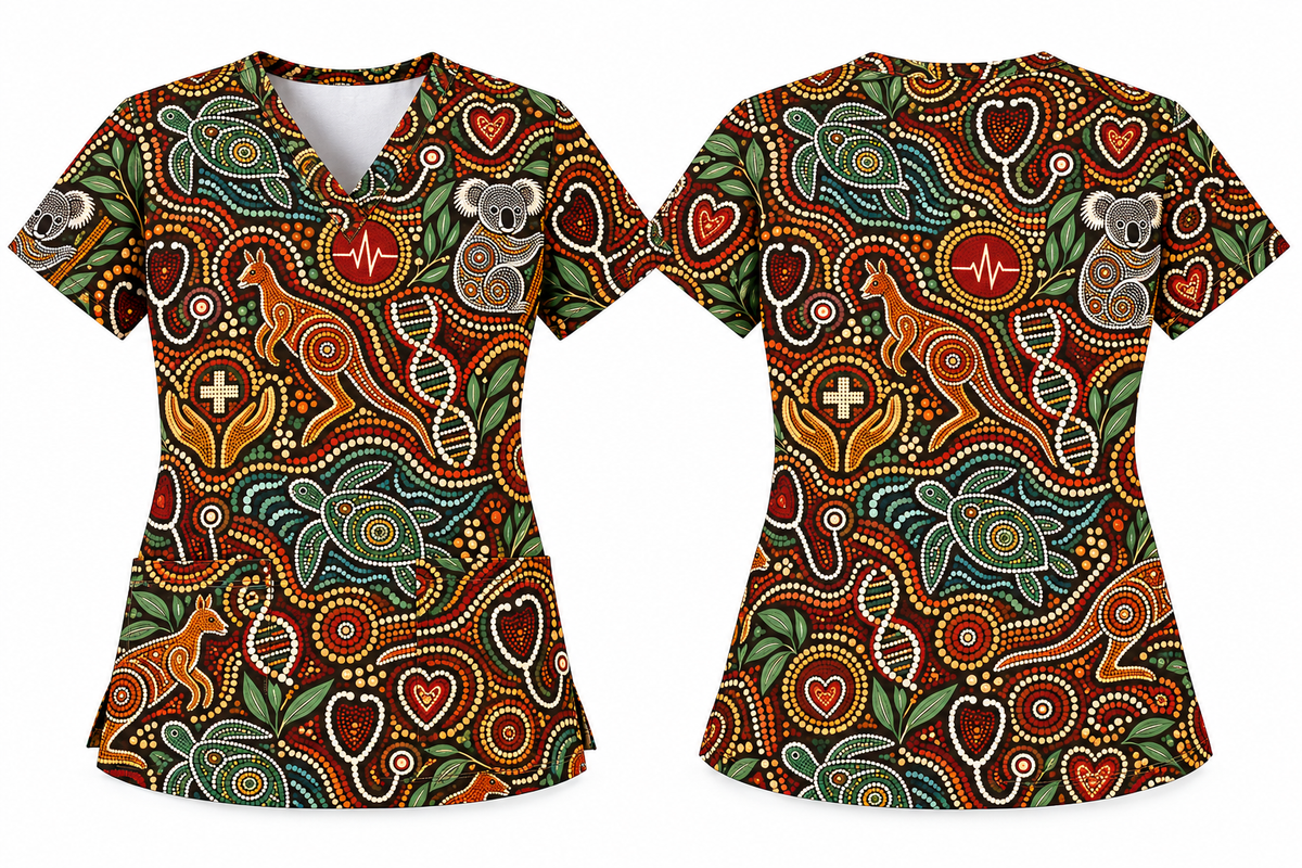 Aboriginal Indigenous Dot Art Healthcare Healing Scrub Set, Scrub Pants and V Neck Top - Scrub Top Only