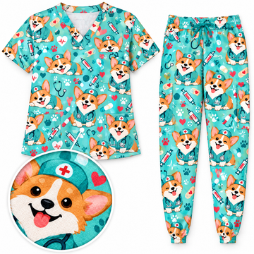 Cute Corgi Nurse Pattern Scrub Set, Scrub Pants and V Neck Top - Main Set