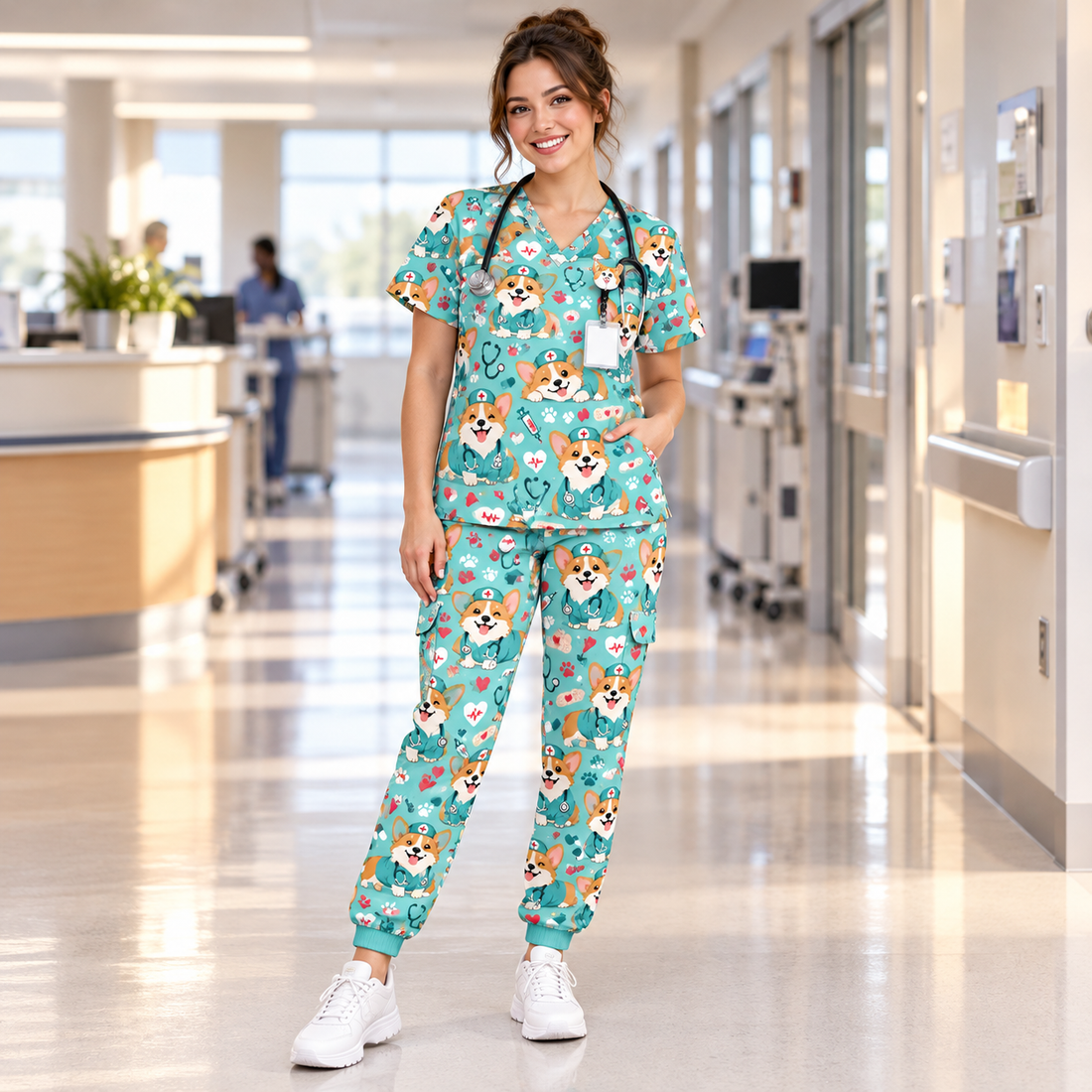 Cute Corgi Nurse Pattern Scrub Set, Scrub Pants and V Neck Top - Main Set