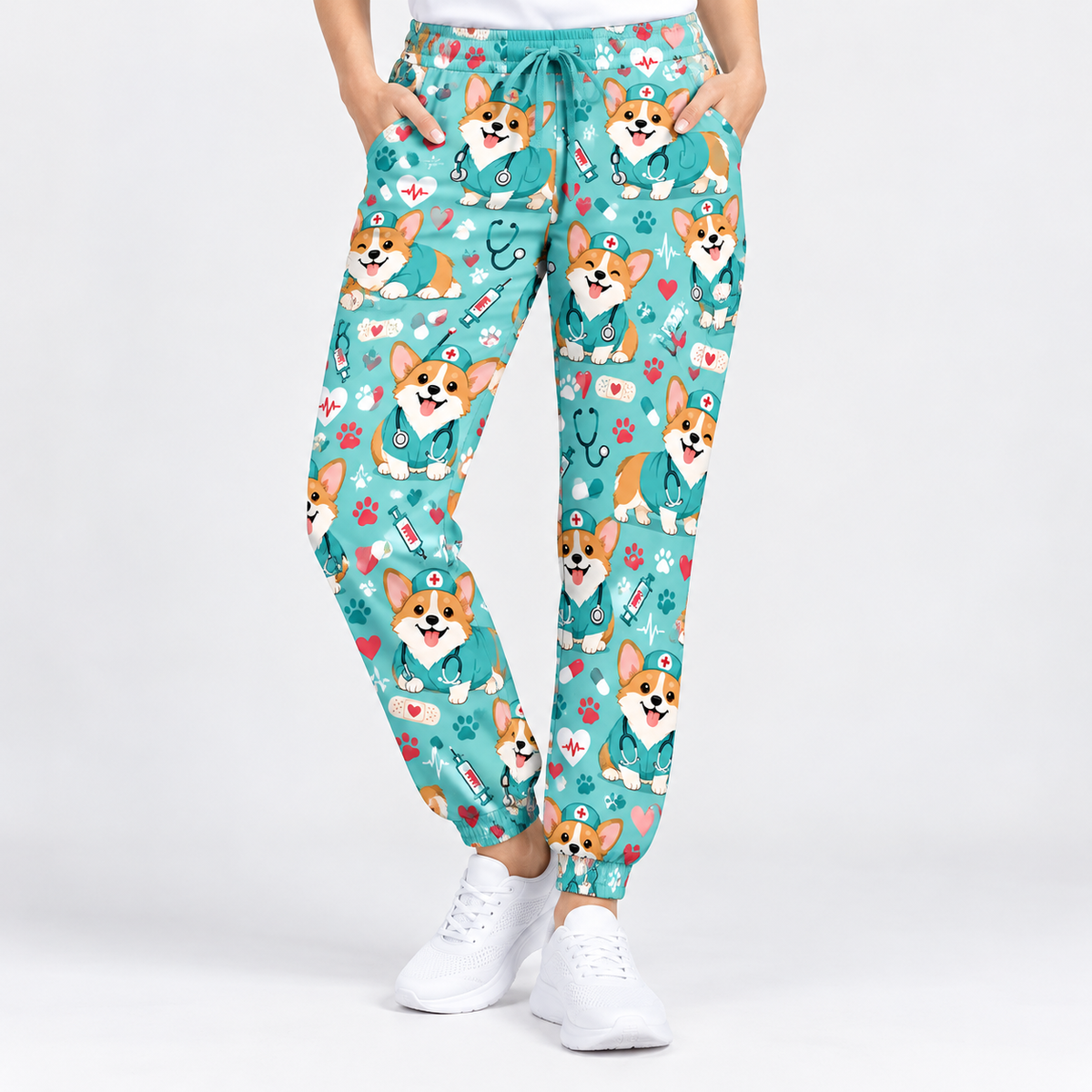Cute Corgi Nurse Pattern Scrub Set, Scrub Pants and V Neck Top - Scrub Pants Only