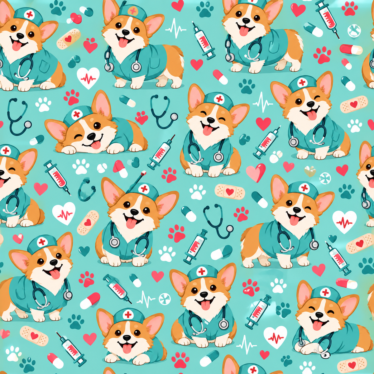 Cute Corgi Nurse Pattern Scrub Set, Scrub Pants and V Neck Top - Fabric Pattern