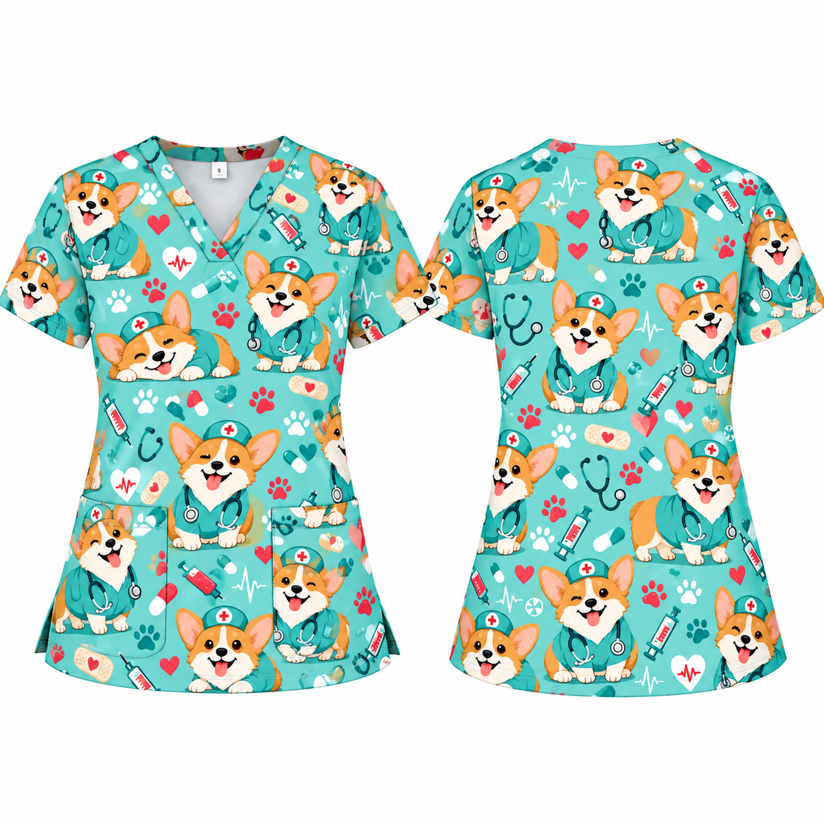 Cute Corgi Nurse Pattern Scrub Set, Scrub Pants and V Neck Top - Scrub Top Only