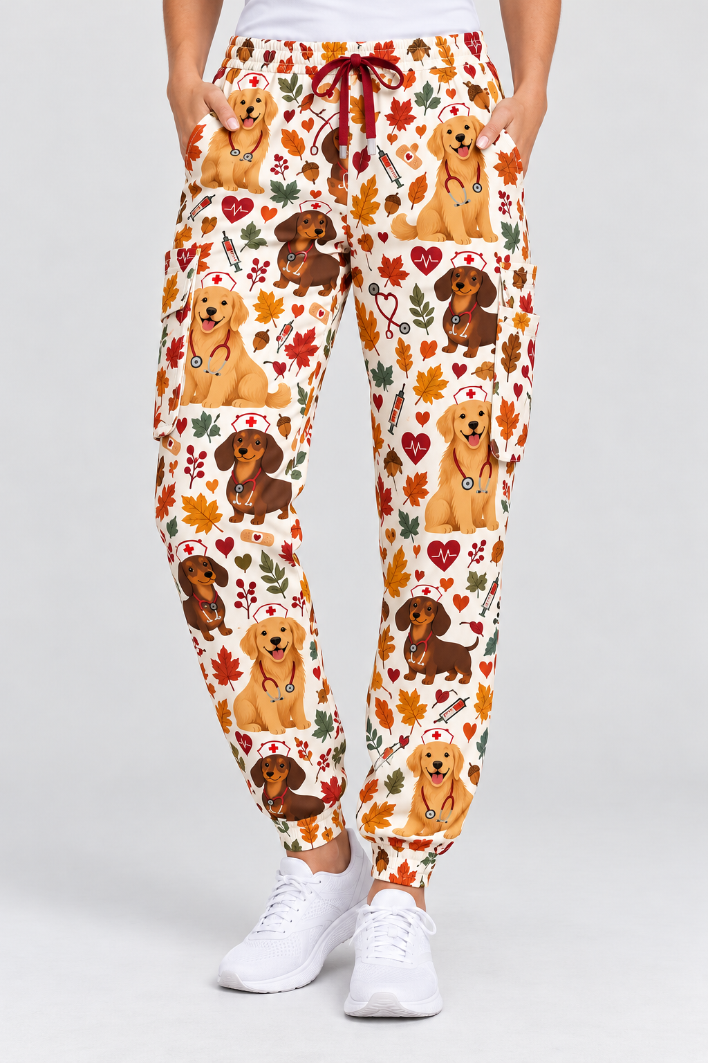 Cute Autumn Dogs Nurse Pattern Scrub Pants Only - Jogger Fit Drawstring Waist