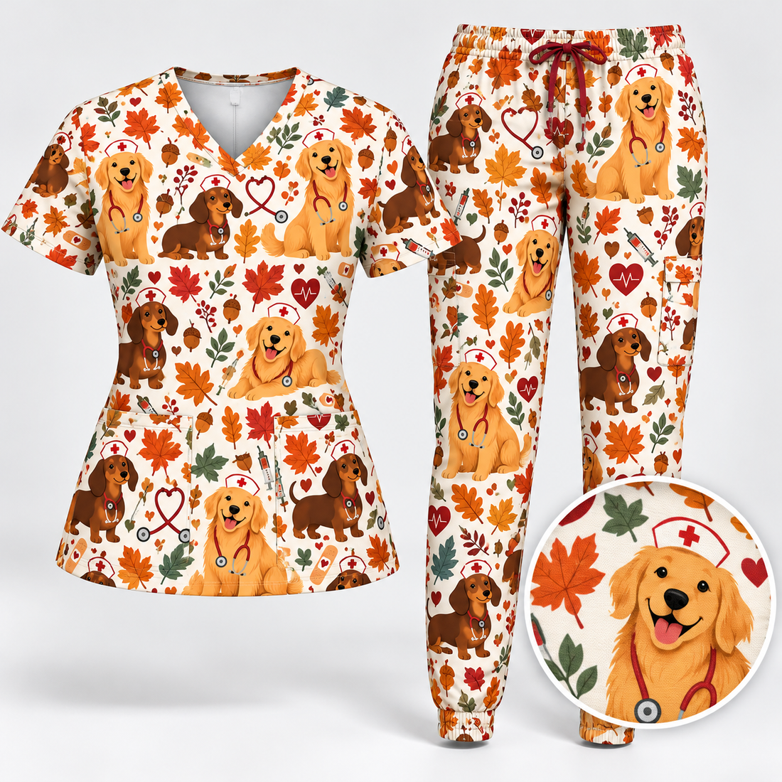 Cute Autumn Dogs Nurse Pattern Scrub Set - Main Matching Set with Detail Zoom