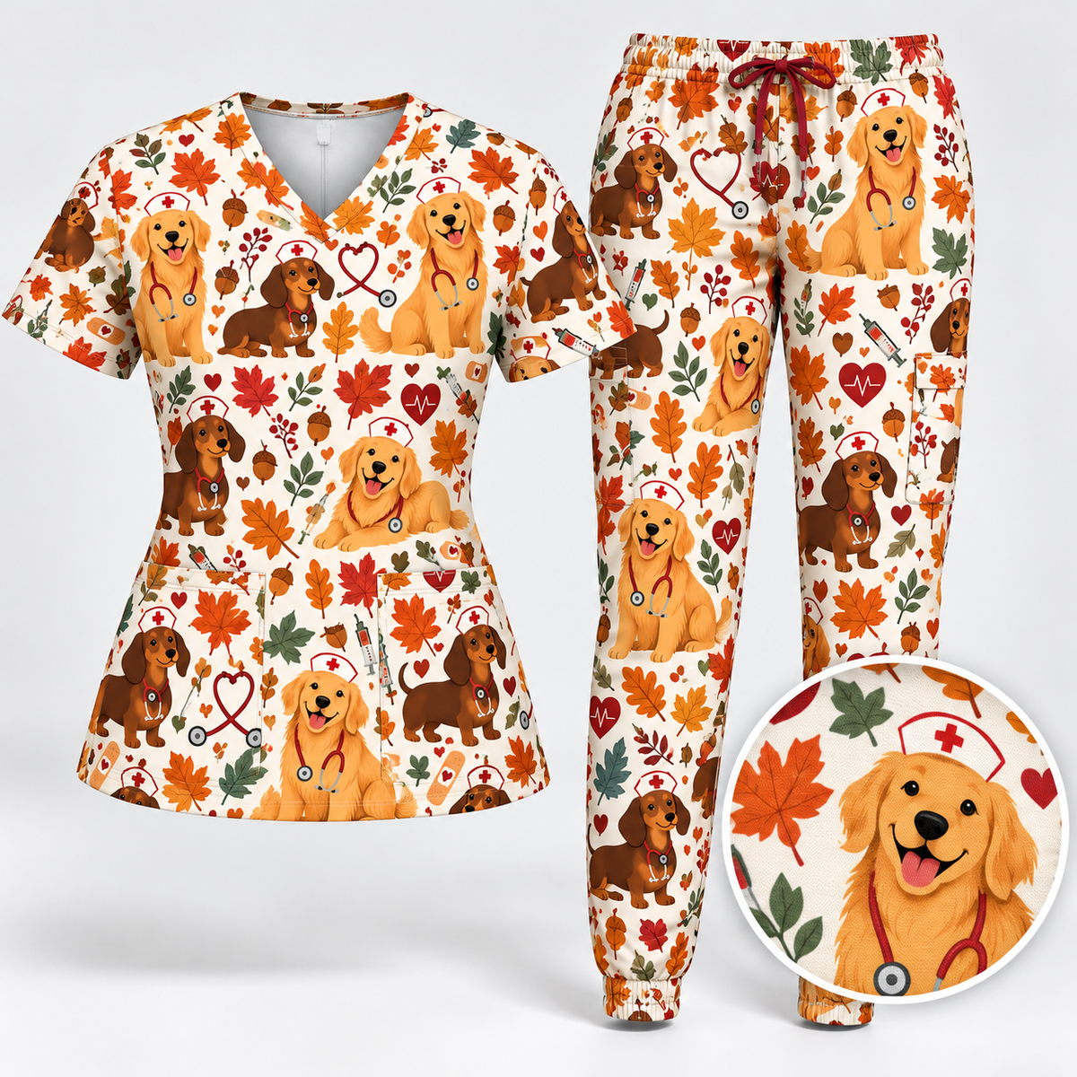 Cute Autumn Dogs Nurse Pattern Scrub Set - Main Matching Set with Detail Zoom