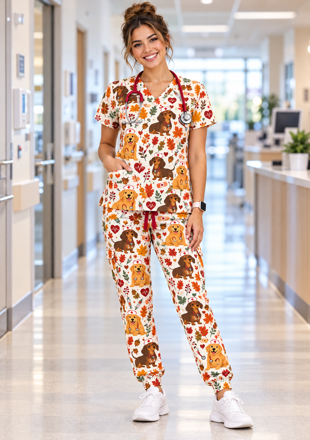Cute Autumn Dogs Nurse Pattern Scrub Set - Main Matching Set with Detail Zoom
