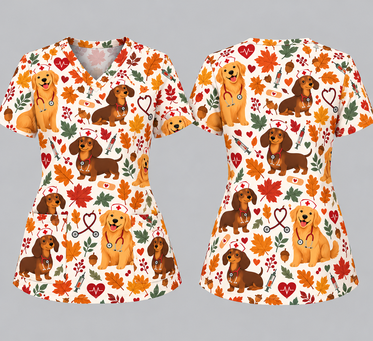 Cute Autumn Dogs Nurse Pattern Scrub Top Only - Front and Back View