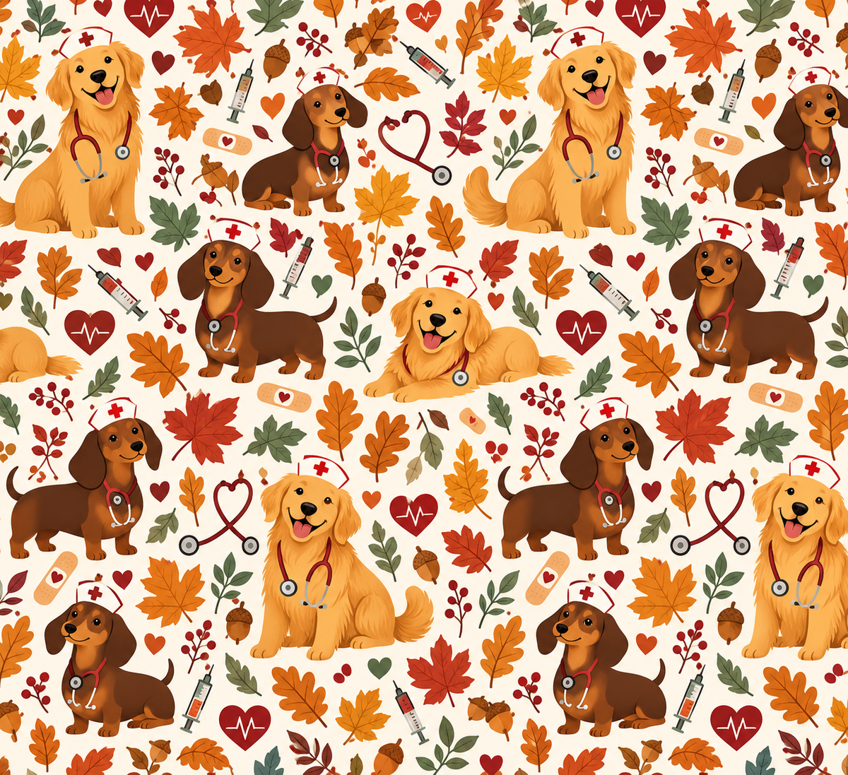 Cute Autumn Dogs Nurse Seamless Repeating Surface Fabric Pattern