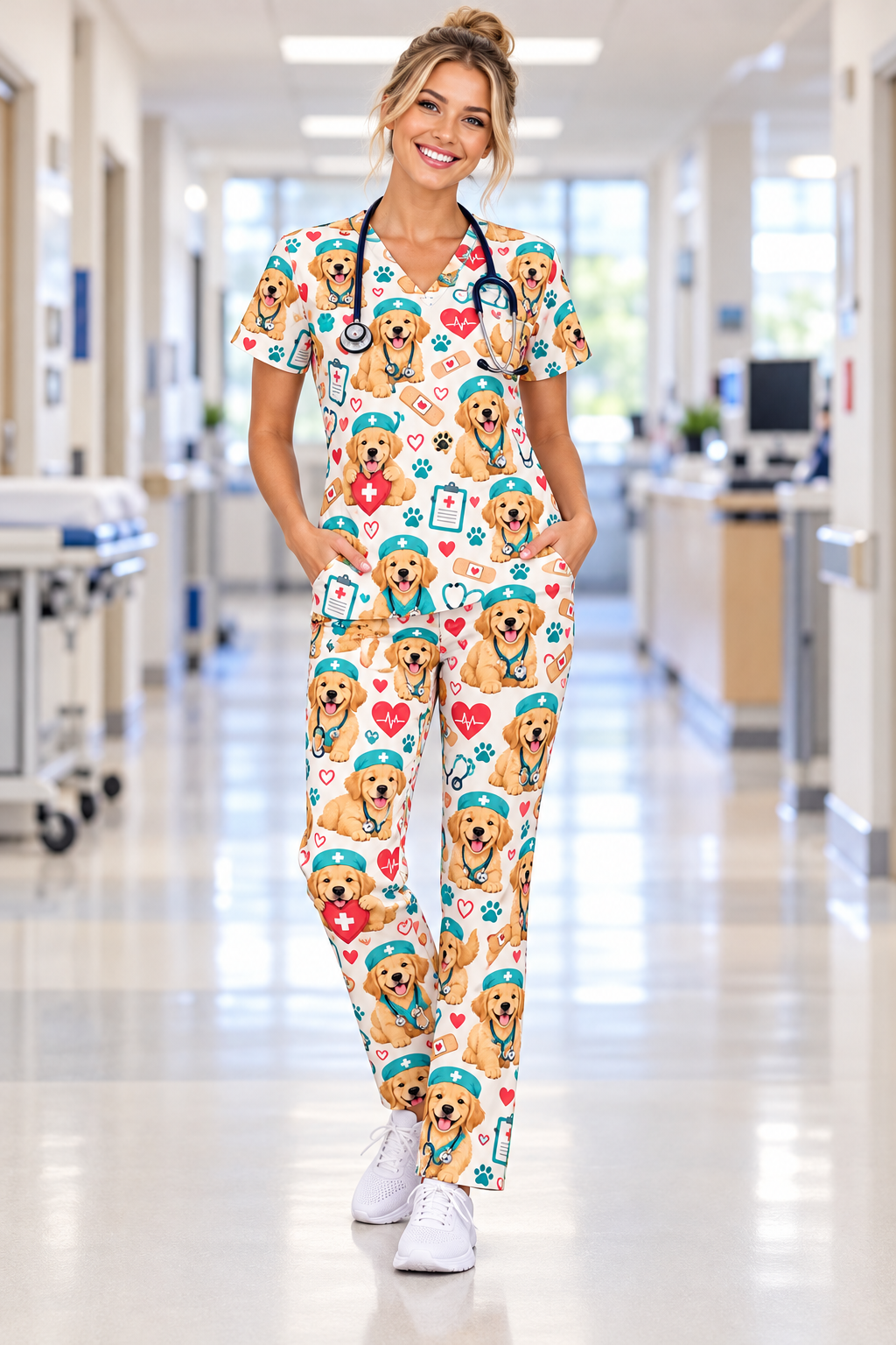 Cute Golden Retriever Nurse Pattern Scrub Set, Scrub Pants and V Neck Top