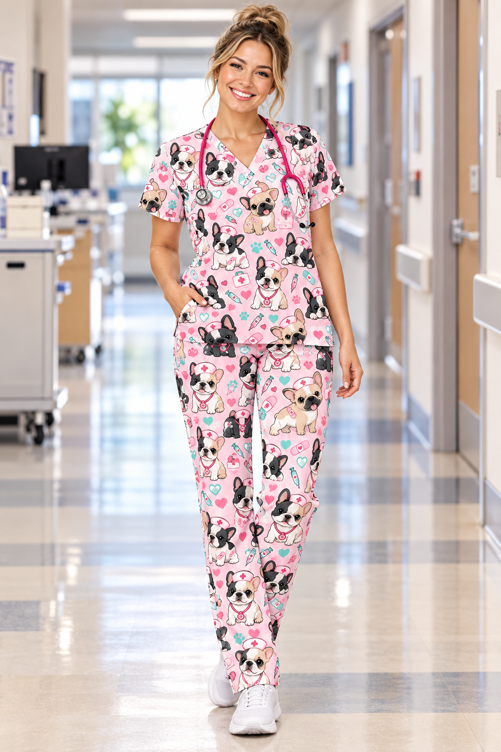 Cute French Bulldog Nurse Pattern Scrub Set, Scrub Pants and V Neck Top