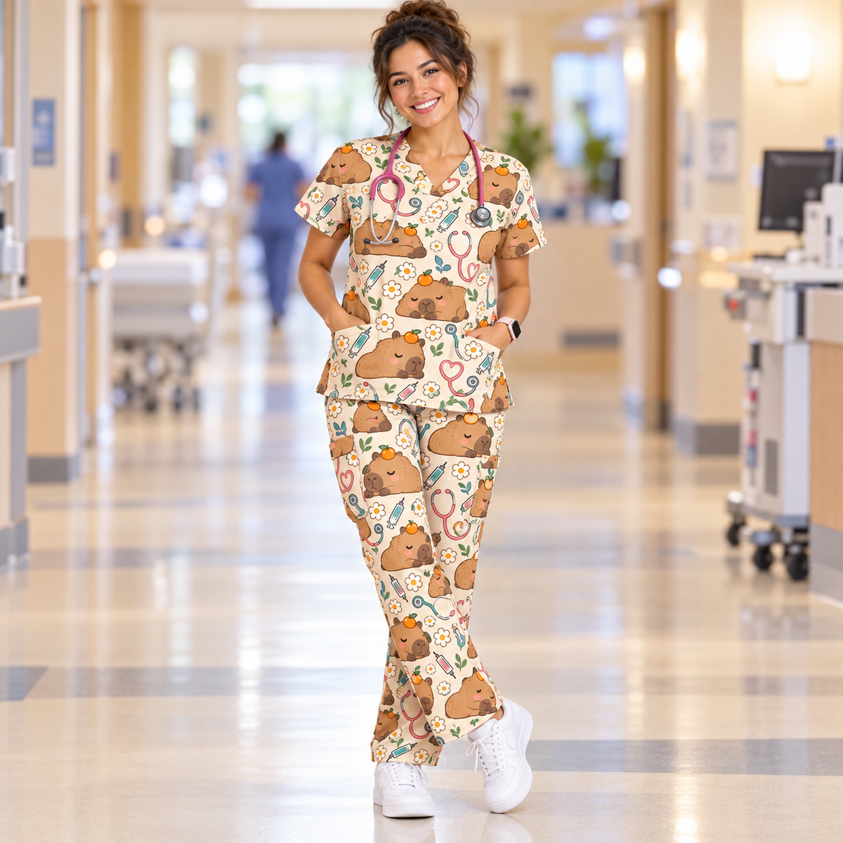 Zen Capybara Spa Nurse Pattern Scrub Set, Scrub Pants and V Neck Top