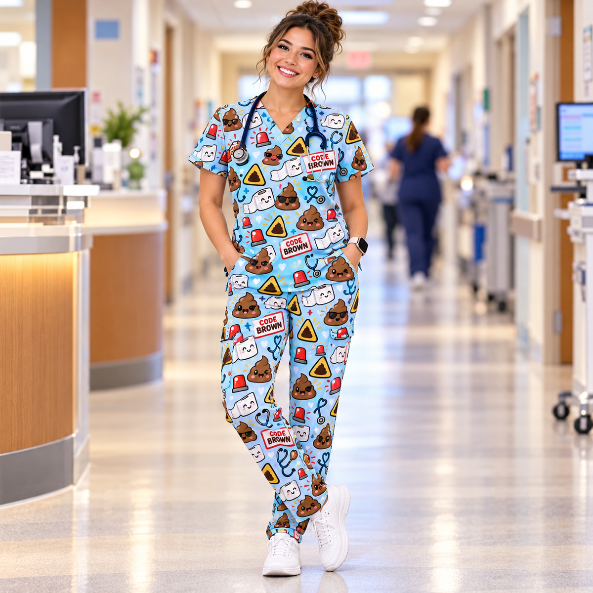 Hospital Emergency Alert Humor Pattern Scrub Set, Scrub Pants and V Neck Top