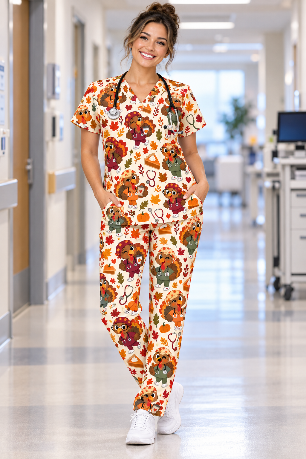 Thanksgiving Turkey Autumn Nurse Pattern Scrub Set, Scrub Pants and V Neck Top