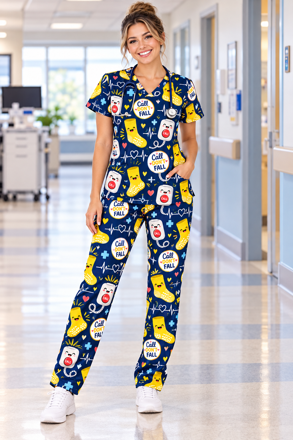 Call Don't Fall Risk Alert Hospital Humor Pattern Scrub Set, Scrub Pants and V Neck Top