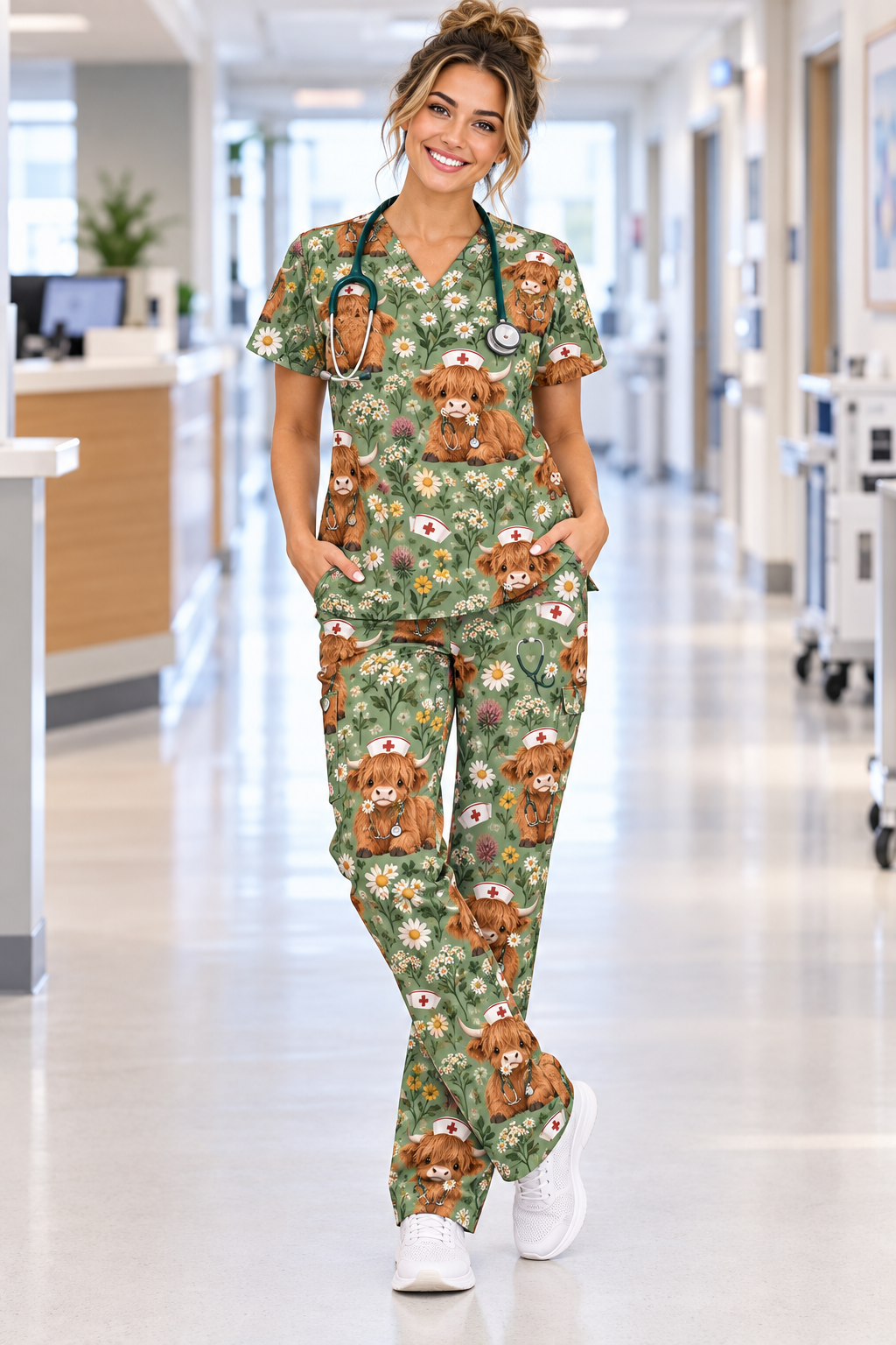 Rustic Scottish Highland Cow Daisy Nurse Pattern Scrub Set, Scrub Pants and V Neck Top