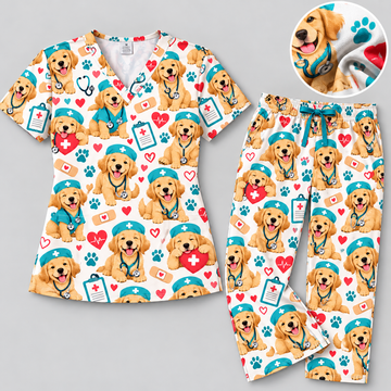 Cute Golden Retriever Nurse Pattern Scrub Set, Scrub Pants and V Neck Top