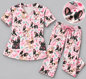 Cute French Bulldog Nurse Pattern Scrub Set, Scrub Pants and V Neck Top