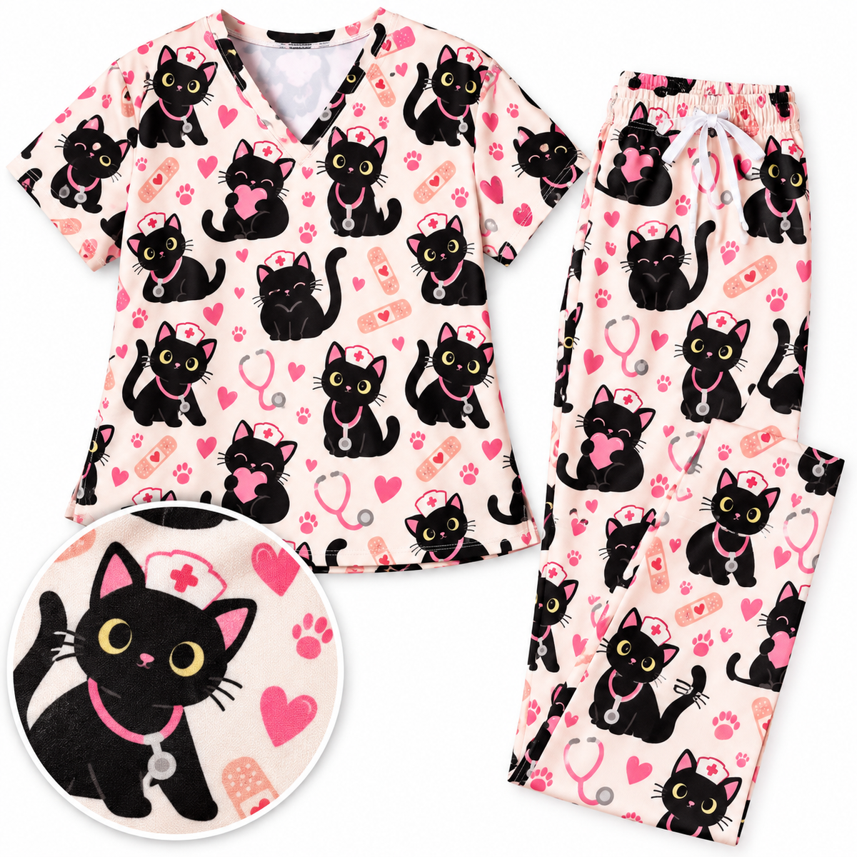 Cute Void Black Cat Nurse Pattern Scrub Set, Scrub Pants and V Neck Top
