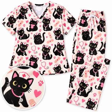 Cute Void Black Cat Nurse Pattern Scrub Set, Scrub Pants and V Neck Top
