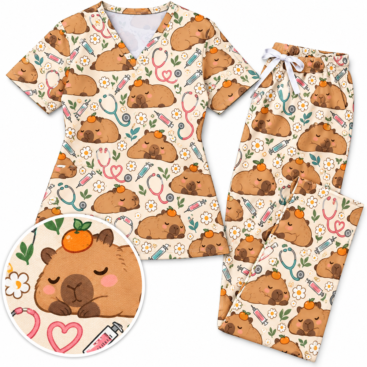 Zen Capybara Spa Nurse Pattern Scrub Set, Scrub Pants and V Neck Top
