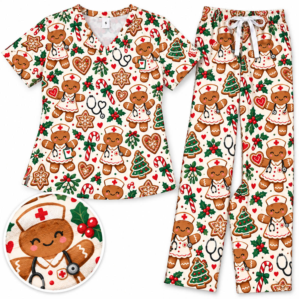 Gingerbread Nurse Holiday Cookie Pattern Scrub Set, Scrub Pants and V Neck Top