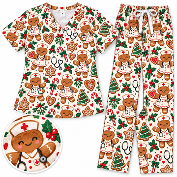 Gingerbread Nurse Holiday Cookie Pattern Scrub Set, Scrub Pants and V Neck Top