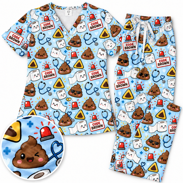 Hospital Emergency Alert Humor Pattern Scrub Set, Scrub Pants and V Neck Top
