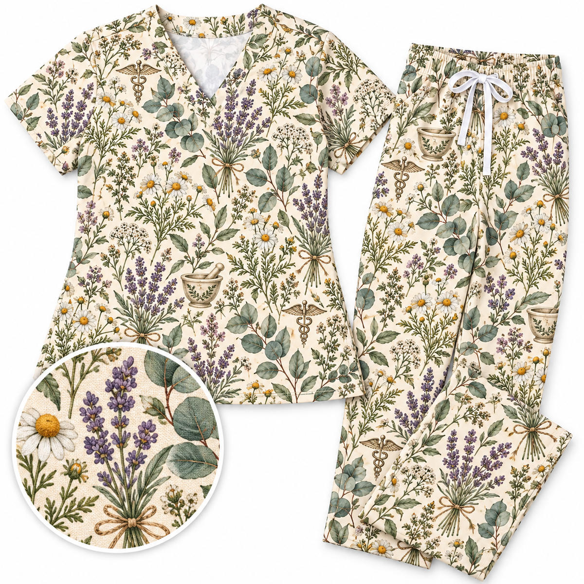 Vintage Botanical Wildflower Healing Pattern Scrub Set, Scrub Pants and V Neck Top