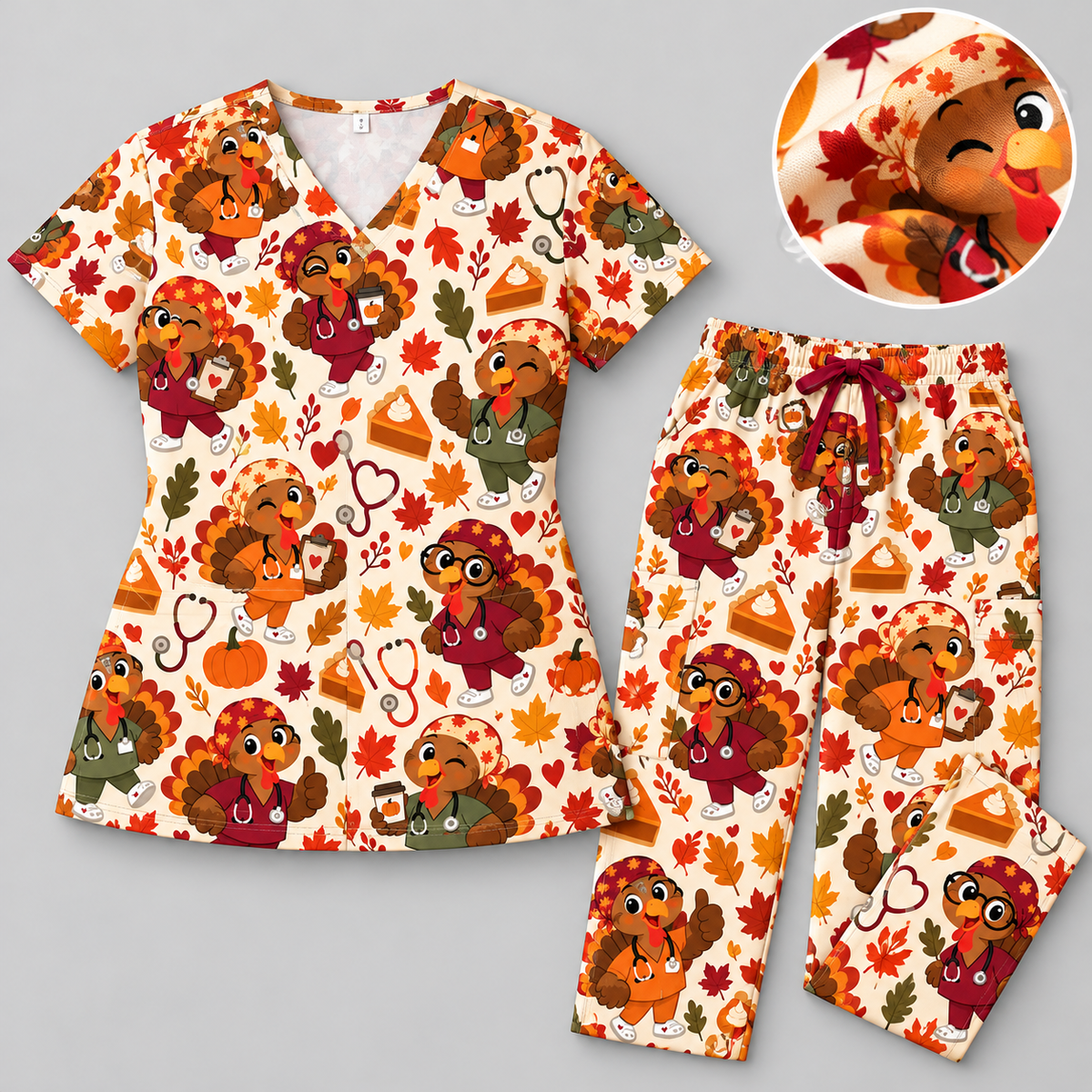 Thanksgiving Turkey Autumn Nurse Pattern Scrub Set, Scrub Pants and V Neck Top