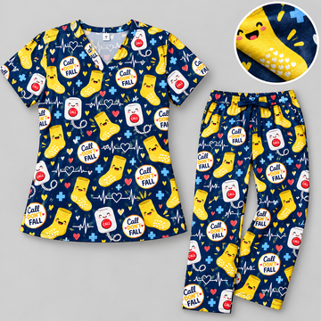 Call Don't Fall Risk Alert Hospital Humor Pattern Scrub Set, Scrub Pants and V Neck Top