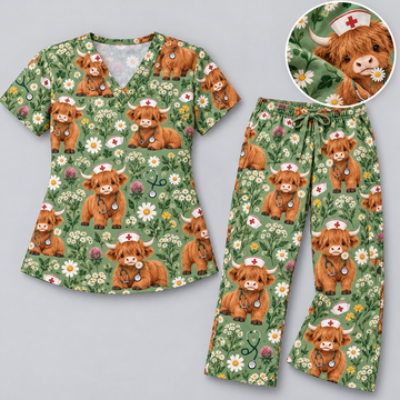 Rustic Scottish Highland Cow Daisy Nurse Pattern Scrub Set, Scrub Pants and V Neck Top
