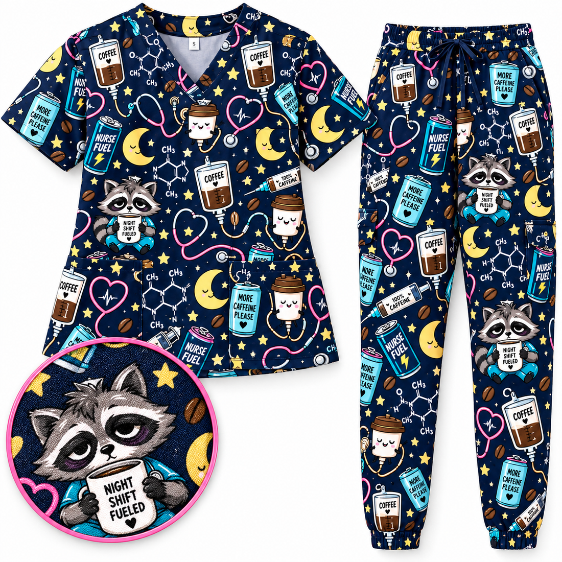 Night Shift Caffeine IV Survival Nurse Pattern Scrub Set, Scrub Pants and V Neck Top - Main Set