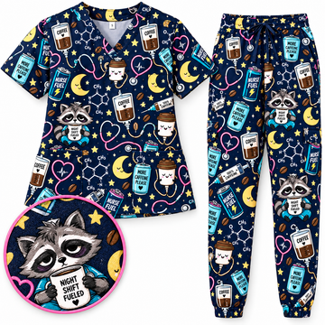 Night Shift Caffeine IV Survival Nurse Pattern Scrub Set, Scrub Pants and V Neck Top - Main Set